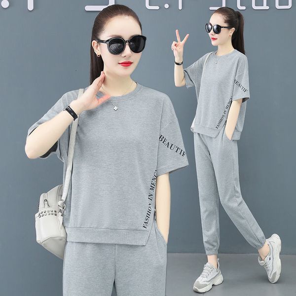 

women's two piece pants casual fashion suits summer short sleeved thin section loose set women blue red gray 221123, White