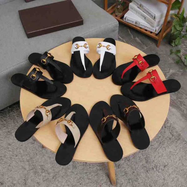 

2023 leather sandal women slides thong sandal flip flops slipper with double g metal chain fashion summer beach bee, Black