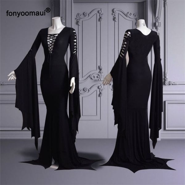 

theme costume halloween cosplay morticia addams floor dress women punk gothic witch vintage hollow lace up slim gown 221124, Black;red