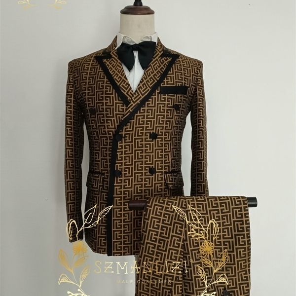 

mens suits blazers luxury fashion brown plaid groom tuxedos double breasted men for wedding male party dress costume homme jacketpants 22112, White;black