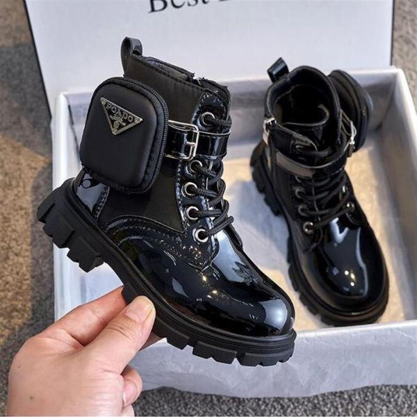 

girl boots 2022 spring fashion black british style ankle kids pu leather tide children winter shoes plus velvet212r, Black;grey