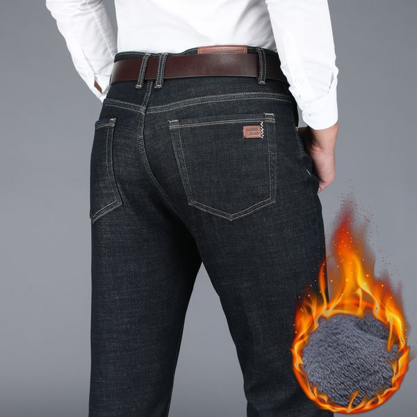 

mens jeans winter warm business fashion classic style black blue denim straight fleece thick pants male brand trousers 221123