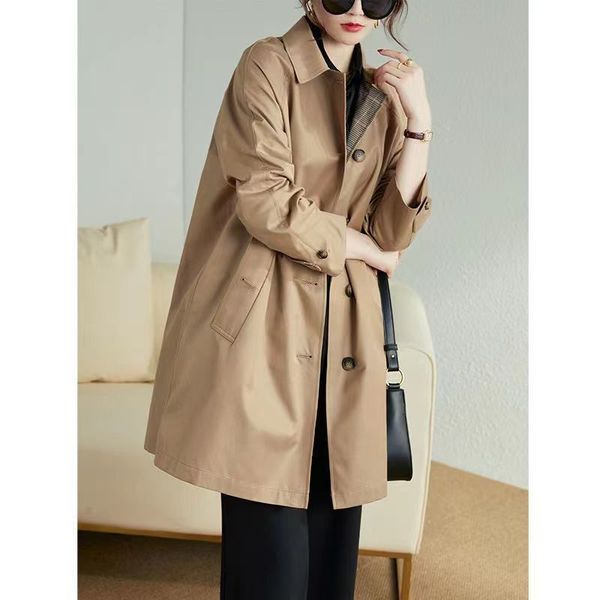 

women's trench coats spring and autumn mid-length british style all-match coat single-breasted loose khaki women jackets 221123, Tan;black