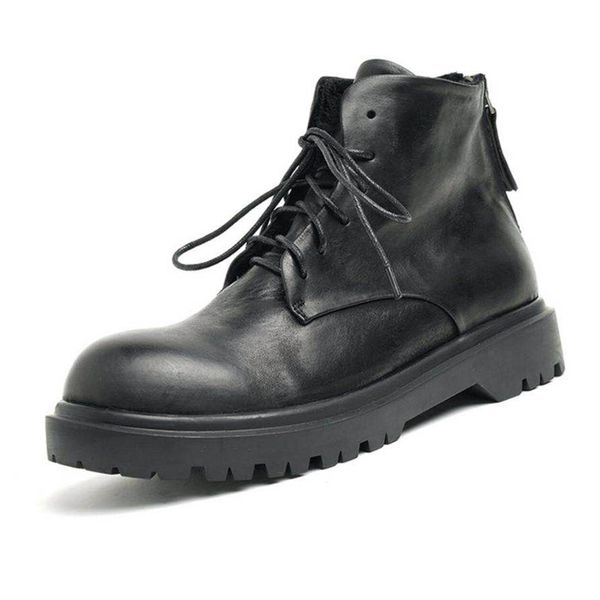 

fashion cowskin boots lace up british style cargo shoes men high short booties motorcyle shoes, Black
