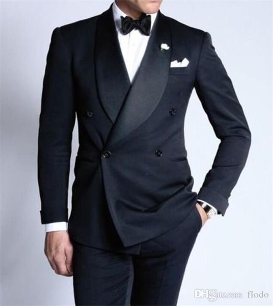 

double breasted navy blue wedding groomsmen tuxedos for groom wear 2017 two piece shawl lapel custom made mens suits jacket pan, Black;gray