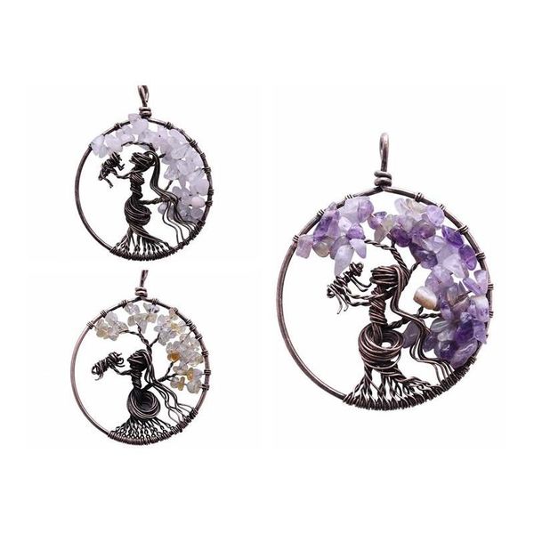 

pendant necklaces tree of life pendant for necklace amet crystal quartz 7 chakra meditation gemstones charms peace family gifts drop dh8ur, Silver