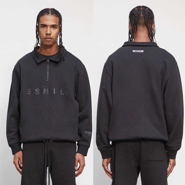 

store 80% design hoodies fog feel god multi thread sentials letter half zip high neck loose street plush sweater factory wholesale retail, Black