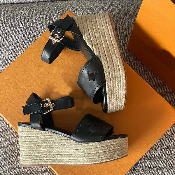 

fashion starboard wedge sandal women designer sandals high heel espadrilles natural perforated calf leather lady slides outdoor shoes with b, Black