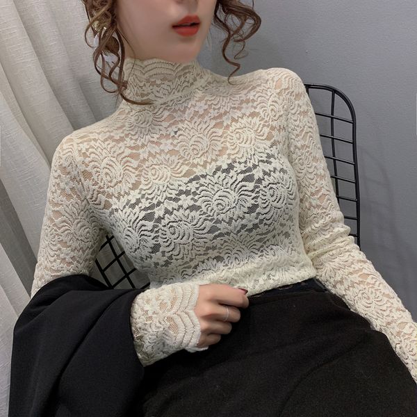 

women's tshirt girls lace blouses shirts tees female turtleneck fashion hollow out full sleeve semitransparent base blouses for women, White