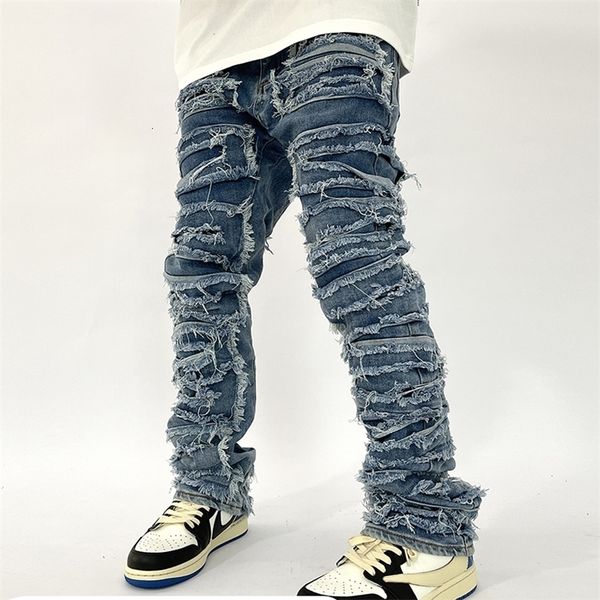 

men's jeans retro hole ripped distressed for men straight washed harajuku hip hop loose denim trousers vibe style casual jean pants 221, Blue