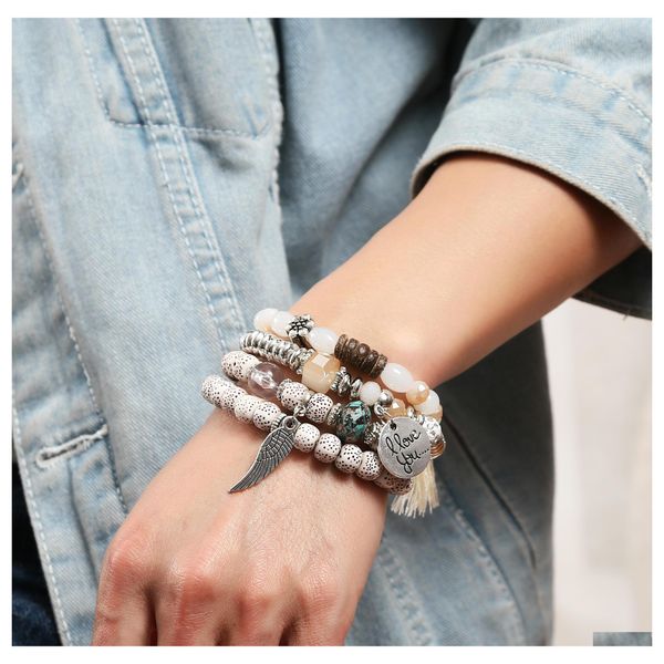 

beaded 4 piece set of mtilayer beaded bracelet men and women natural stone wrapped boho mticolor elastic beads stackable tassel char dhym2, Black