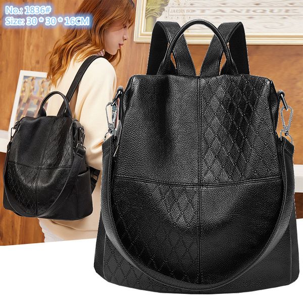 

Simplicity ladies shoulder bags 4 colors multifunctional soft leather backpack simple Joker solid color anti-theft women handbag classic embossed plaid bag, Grey