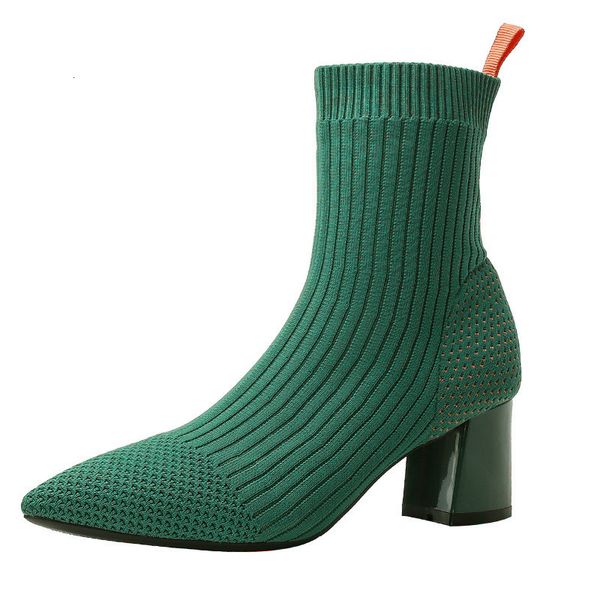 

boots candy color sock boots women pointed toe high heels leopard stretch fabric bottes femme brethable stripe knitting ankle boots 221123, Black