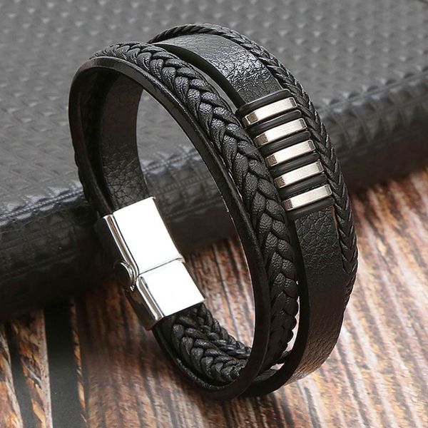 

braided multilayer wrap leather bracelet bangle cuff metal clasp wristband for women fashion jewelry, Black