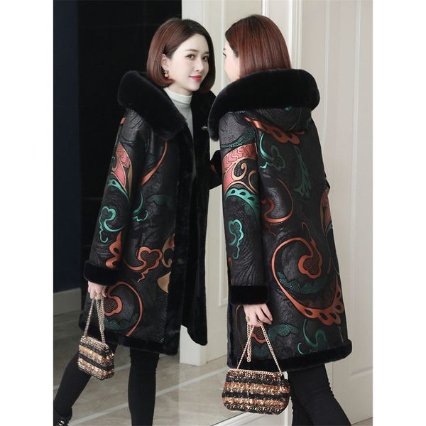 

women's fur faux double sided wear winter coat jacket women large size middle aged female of overcoat long hood parkas 221123, Black