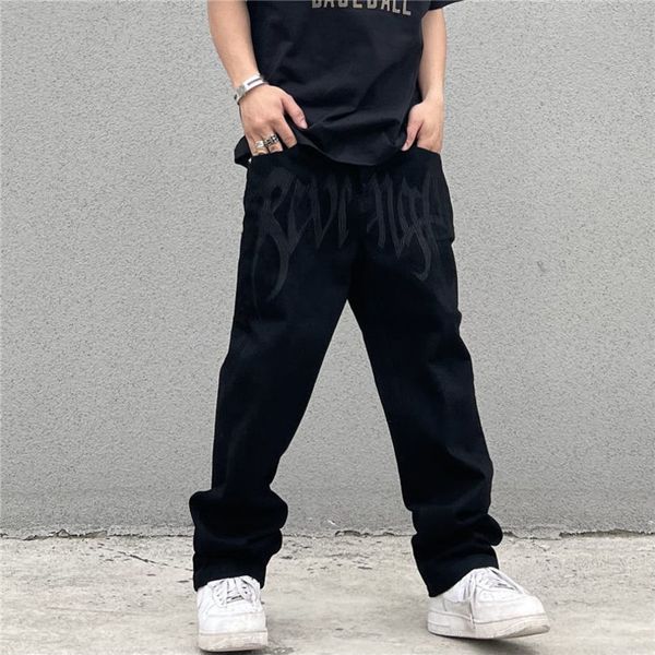 

mens jeans retro black embroidered letter men european and american high street brand loose straight hiphop trousers 221123, Blue