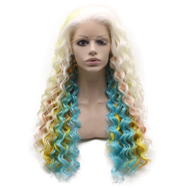 

extra long curly wig white blue colorful heat friendly lace front synthetic hair, Black