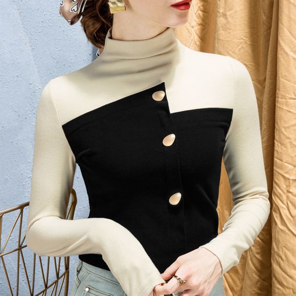 

women's tshirt winter women turtleneck t shirts tees lady elastic slim full sleeve patchwork buttons tshirt 221124, White