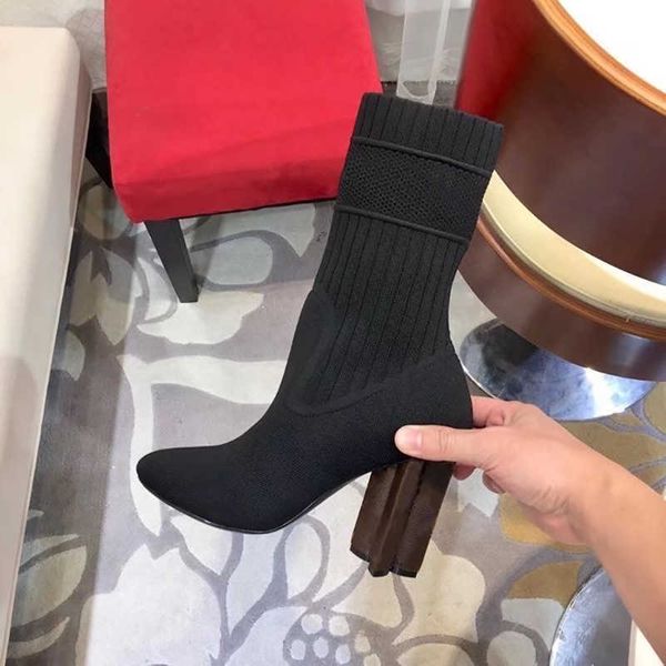 

autumn winter socks heeled heel boots fashion knitted elastic boot designer alphabetic women shoes lady letter thick high heel, Black
