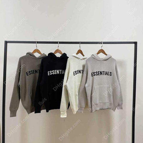 

essentials seventh collection knitting hoodies men women hiphop streetwear sweatshirt thick cotton knit hoodie, Black