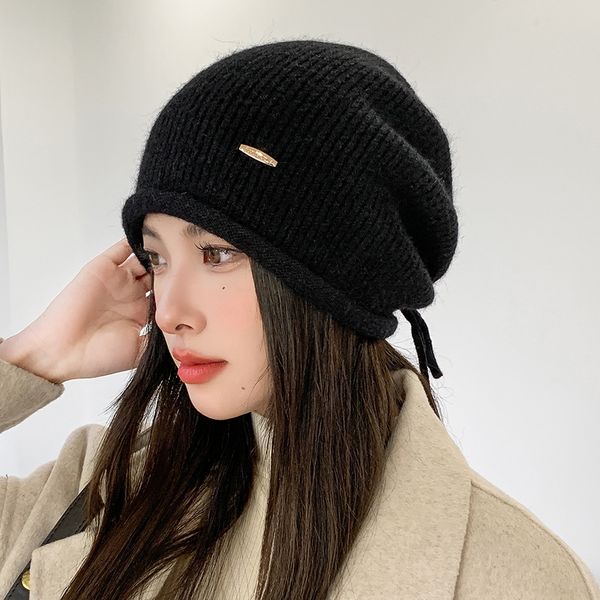 

beanieskull caps spring winter baggy slouchy beanie hat rabbit fur knitted warm cap for women hip hop hat with drawstring natural hemming 22, Blue;gray