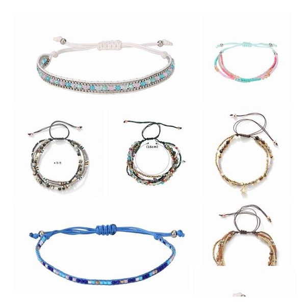 

beaded 7 piece mtilayer bracelet strands color seed beaded woven rope beach elastic charm bohemian stackable wax coated thread adjus dhgbn, Black