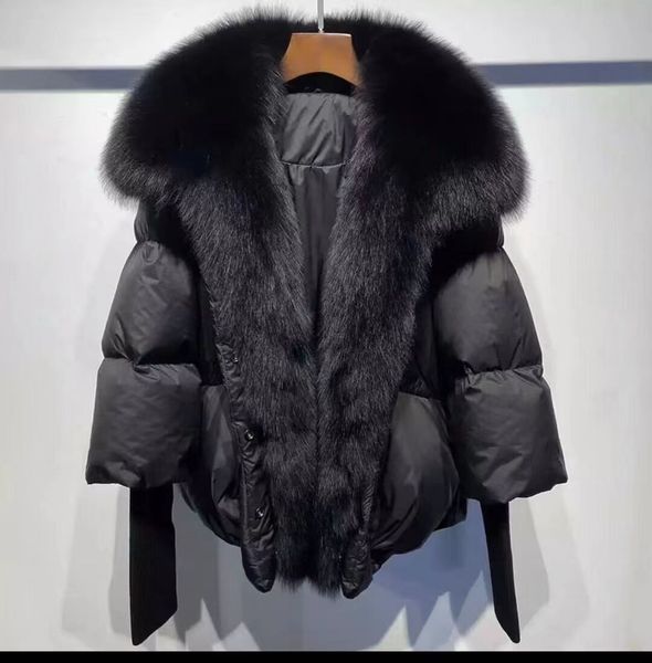 

women's fur faux winter women warm coat oversized real collar thick luxury outerwear fashion goose down jacket 221123, Black