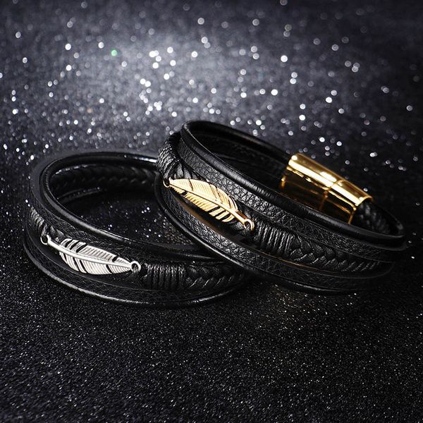 

gold stainless steel feather charm bracelet bangle cuff multilayers wrap genuine leather bracelets wristband for men fashion jewelry, Black