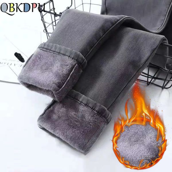 

women's jeans winter mid waist skinny warm women plus velvet ankle length vaqueros capris casual thick pencil pant flush denim trousers, Blue