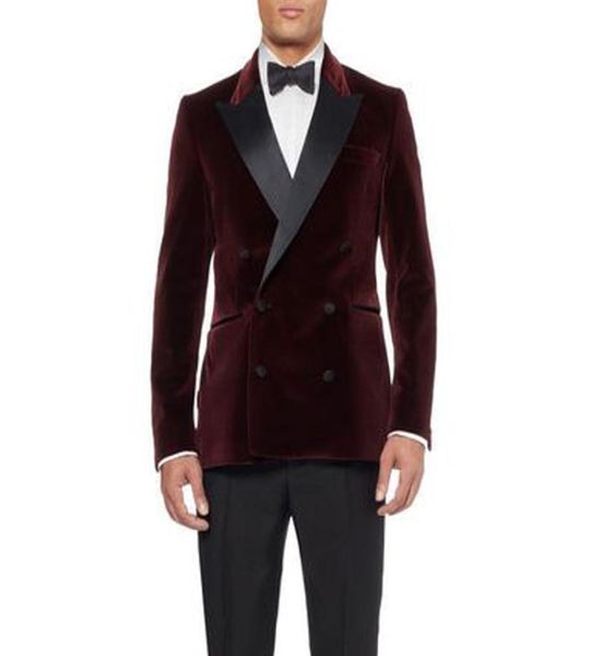 

burgundy velvet evening party men suits for wedding tuxedo double breasted black peaked lapel blazer two piece wedding groomsmen t8917466, Black;gray