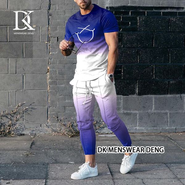 

mens tracksuits summer sport suit for man trend 3d print tracksuit casual oversized tshirt long pants 2 piece sets clothes shortsleeve outfi, Gray