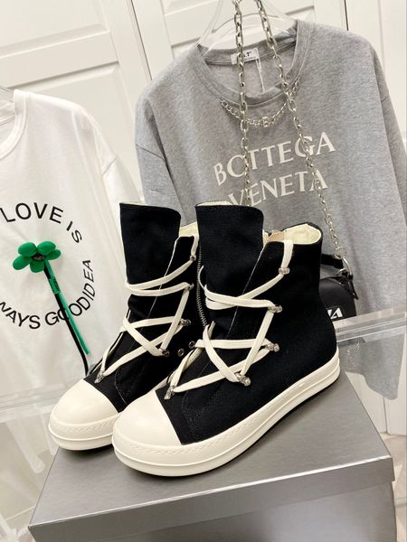 

rick designer owen man boots women canvas flat high shoes black lace up leather shoe rubber sole genuine pentagram shoelace creamy sole size