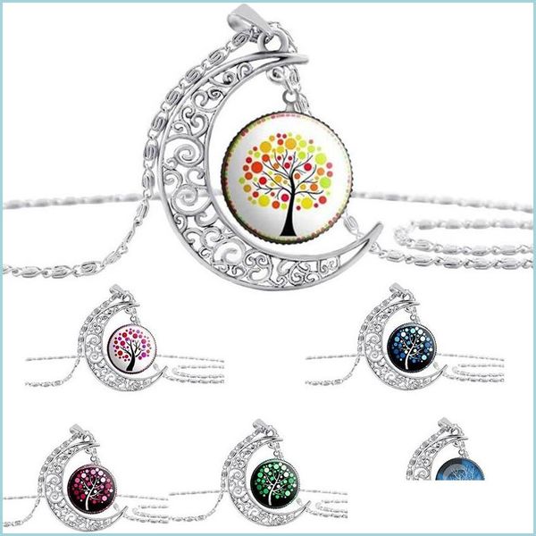 

pendant necklaces moon time gemstone necklace chain tree of life glass cabochon pendant necklaces for women children fashion jewelry dhcyt, Silver