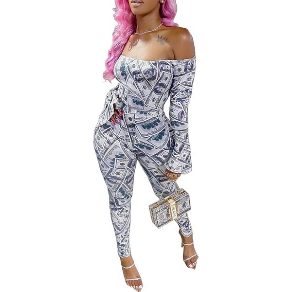 

women's jumpsuits rompers women fall offshoulder jumpsuit tight elastic long sleeve home gym dollar print jogger pants flared sleeves j, Black;white