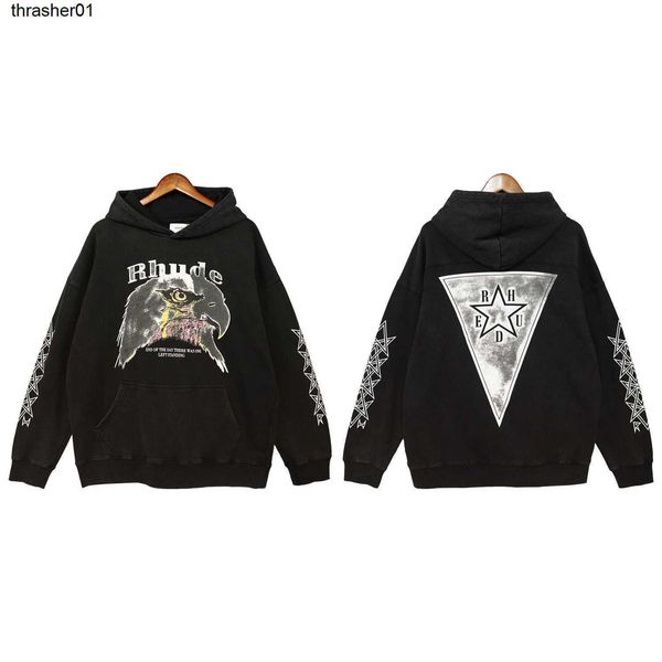 

men's hoodies sweatshirts rhude designer white slogan sleeve five star print hoodie couple streetwear loose hoodie, Black
