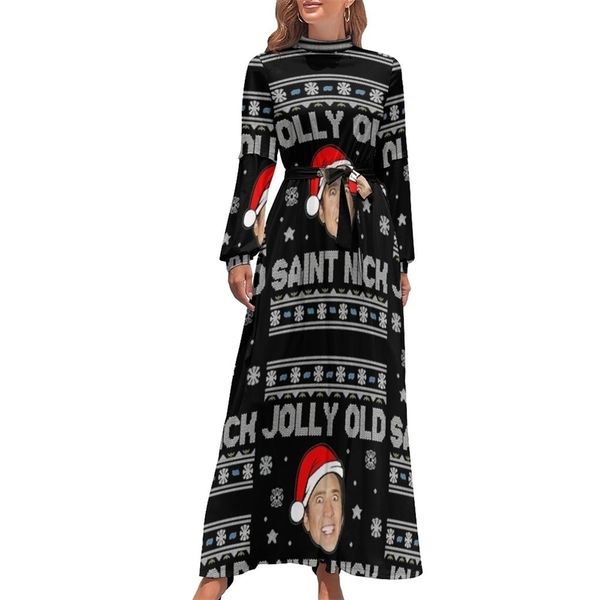 

casual dresses funny nicolas cage merry christmas elegant maxi streetwear bohemia long high neck graphic clothing 221124, Black;gray
