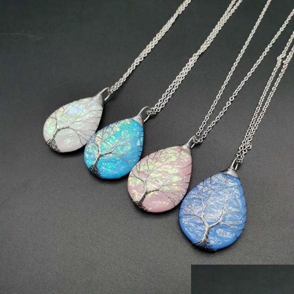 

pendant necklaces tree of life teardrop heart necklace copper wire wrapped gemstone healing chakra for women fashion jewelry drop de dhhqi, Silver