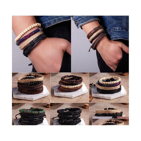 

charm bracelets ethnic 4 pcs/set wood beads charm handmade woven men leather bracelets women vintage bangle male homme jewelry acces dhc0v, Golden;silver