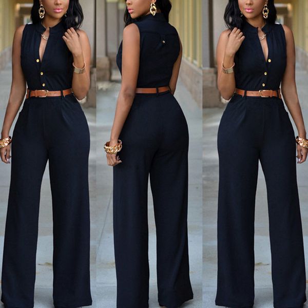 

women's jumpsuits rompers formal wide leg pant women office solid color sleeveless belt shirt basic v neck single breasted work 221123, Black;white