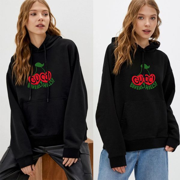 

women's hoodies sweatshirts women's fashion hoodie cherry printed long sleeve pullover sweatshirts oversized ladies harajuku pullo, Black