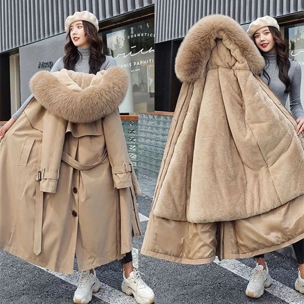 

womens down parkas winter jacket thick warm fur lining long parka female hooded fleece padded coat distachable outwear 5xl 221124, Black