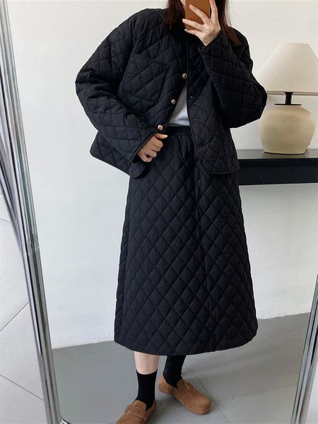 

two piece dress fashion set for women skirt sets winter warm clothing cotton padded jacket coat aline suit outfits 221123, White