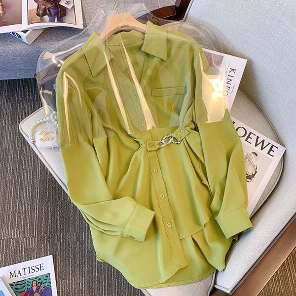 

women's blouses shirts fashion chain spliced solid color allmatch shirt women's clothing autumn long sleeve korean casual button a, White