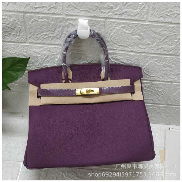 

designers birkin''s 2022 new lychee pattern bag fashionable purple layer cowhide leather women's mouth lock