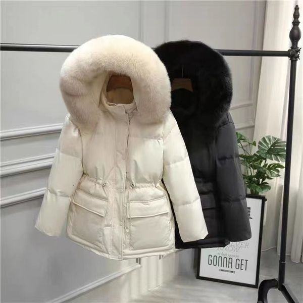 

womens down parkas slim drawstring thickened hooded fur collar coat 221124, Black