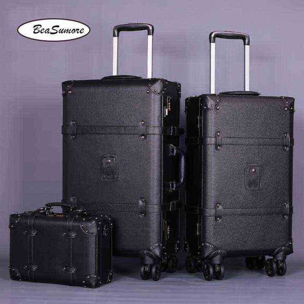 

beasumore inch high capacity retro pu leather rolling luggage sets spinner women password suitcase wheels cabin trolley j220707