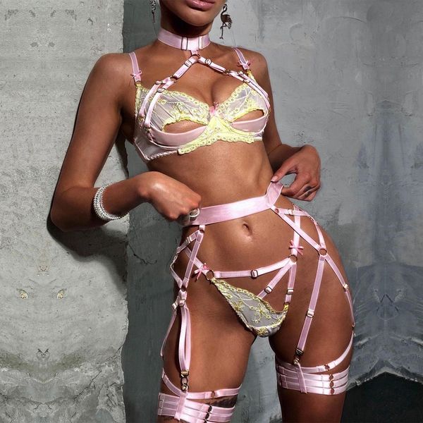 

erotic lingerie 4-piece bilizna set cut out bra bandage exotic briefs fancy delicate underwear garters bitch langerie, Black;white