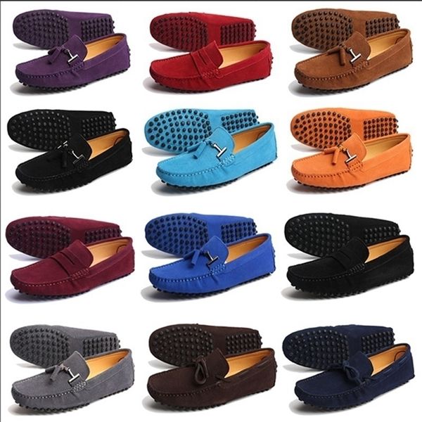 

dress shoes summer genuine leather men fashion suede casual 12 color loafers soft driving moccasins big size 3846 221123, Black