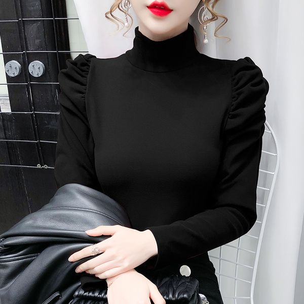 

women's tshirt women tshirt spring autumn turtleneck clothes ribbed long puff sleeve crop tees female slim black white 221124