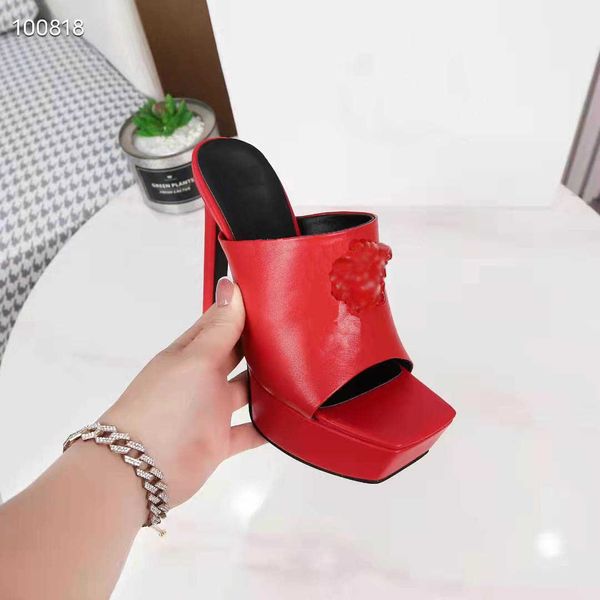 

fashion-fashion ladies slide designer leather high heel sandals red summer thick sole gladiator sandals half slippers 35-42, Black